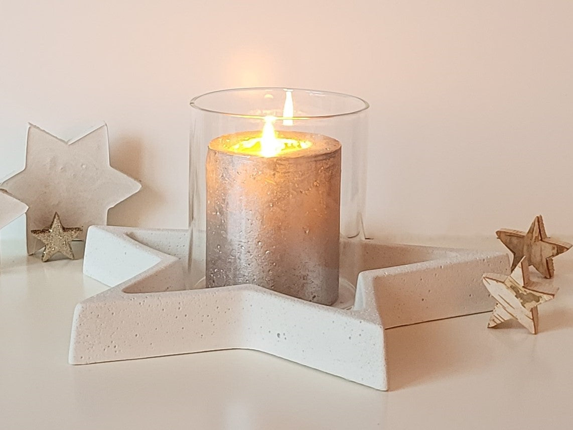 Windlicht Gläser H 10 cm mit Sternschale aus Beton in grau oder weiß