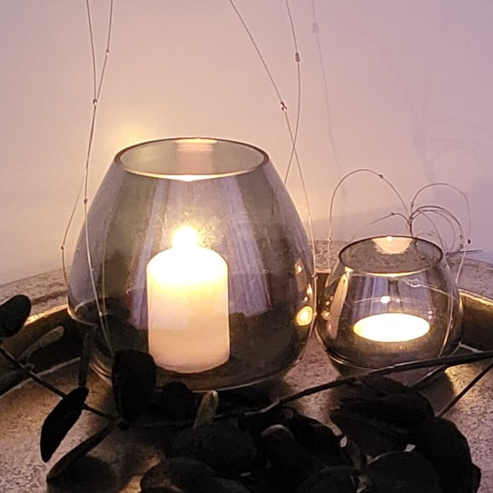 Großes und kleines Windlicht aus Glas mit Metalluntersetzer - zum aufhängen oder stellen