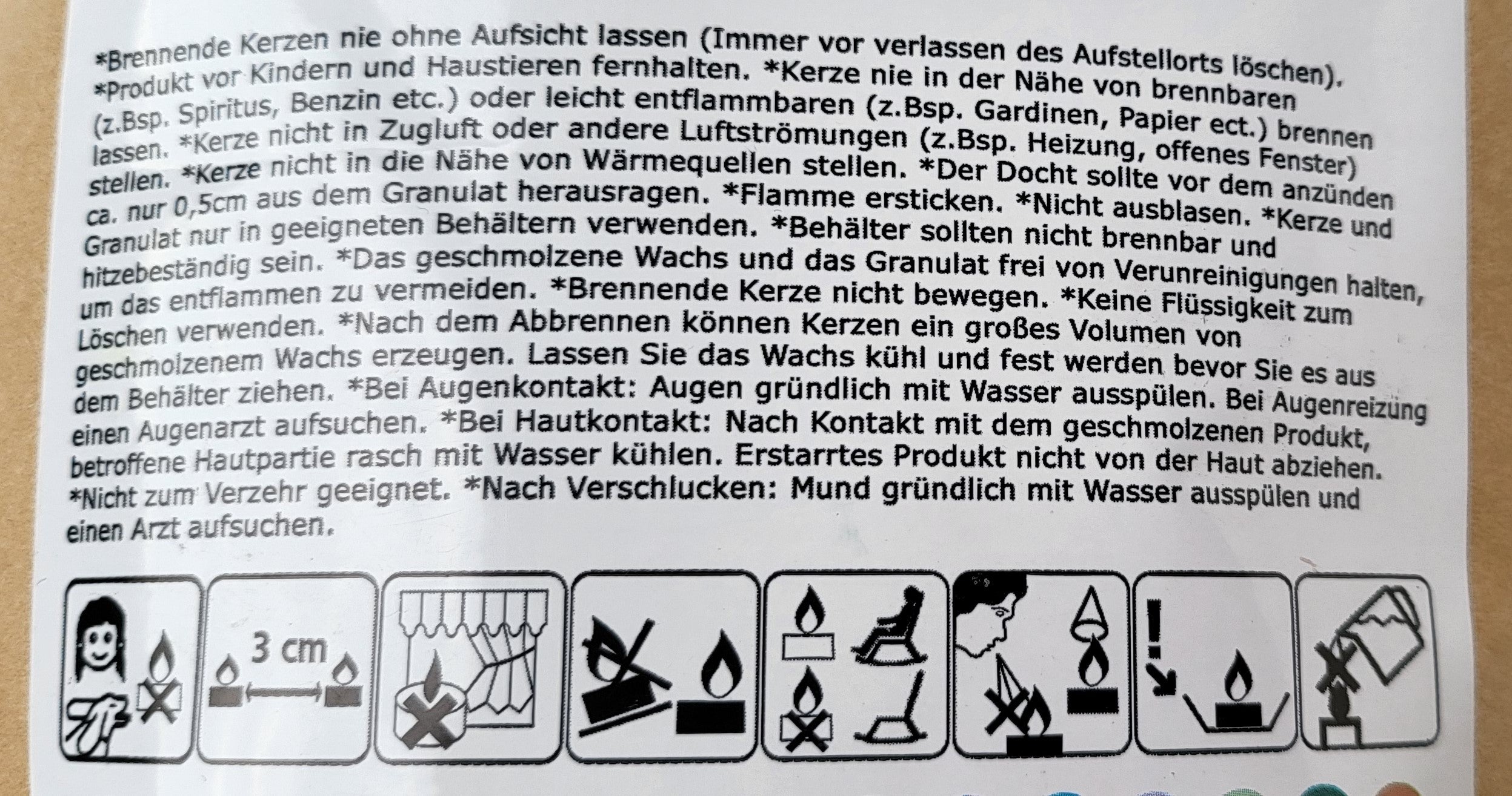 Kerzensand Warnhinweise auf Paketrückseite