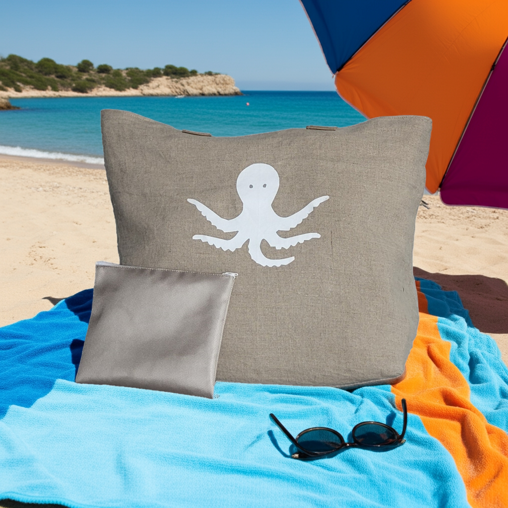 Strandtasche Leinen mit Druck Oktopus in weiß inkl. kleiner Kulturtasche, Innenfutter Polyester hell wie Kulturtasche