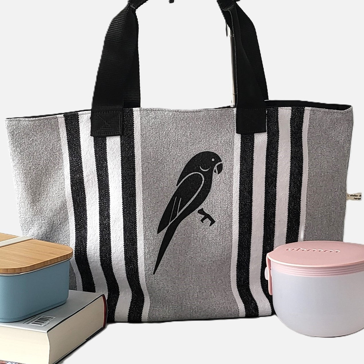 Shopping Tasche grau-weiß Baumwoll-Canvas