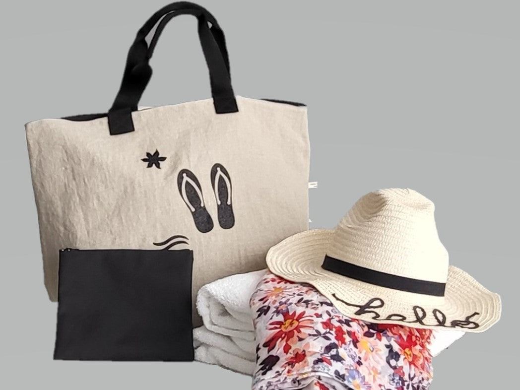 große Standtasche aus Leinen mit FlipFlop Motiv und kleiner kosmetik Tasche