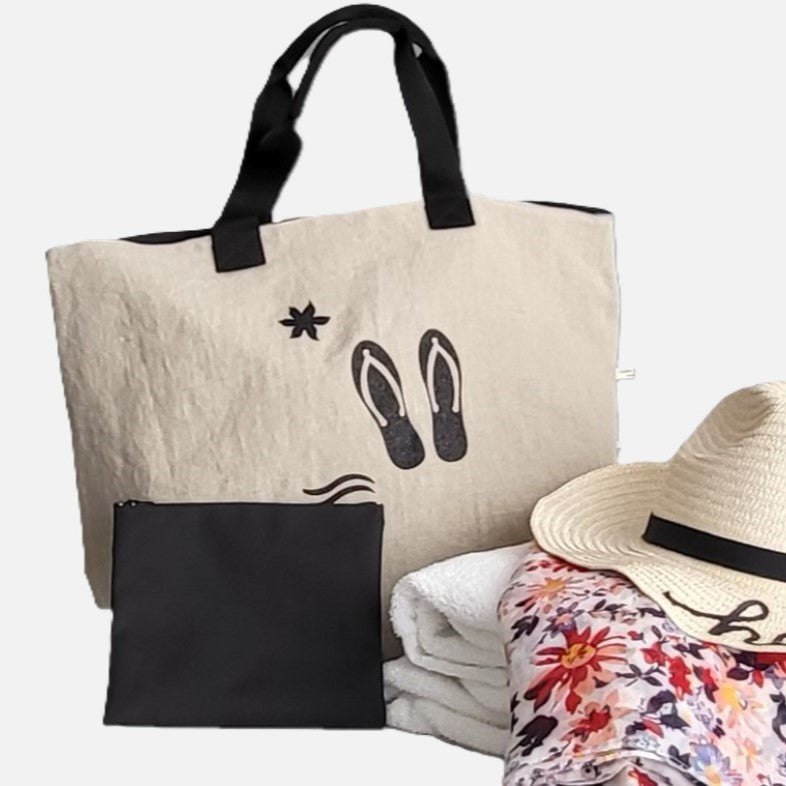 große Strandtasche Leinen mit kleiner Tasche in Schwarz, Innenmaterial wasserabweisendes Polyester
