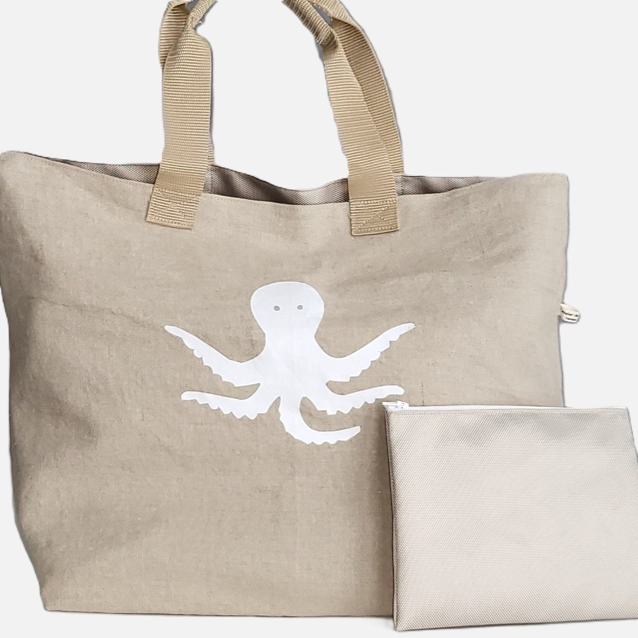 Strandtasche Tragetasche in beige aus Leinen mit kleiner Zusatztasche in gleichem Material wie das Innenfutter - Motiv Oktopus in weiß