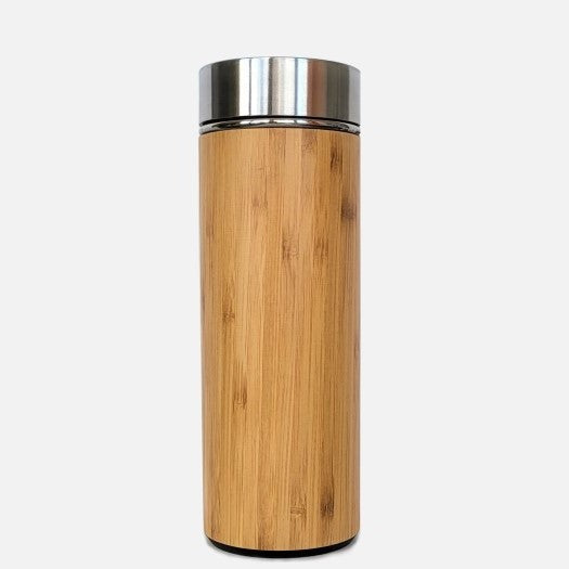 Trinkflasche innen Edelstahl außen Bambus mit Teesieb in Edelstahl